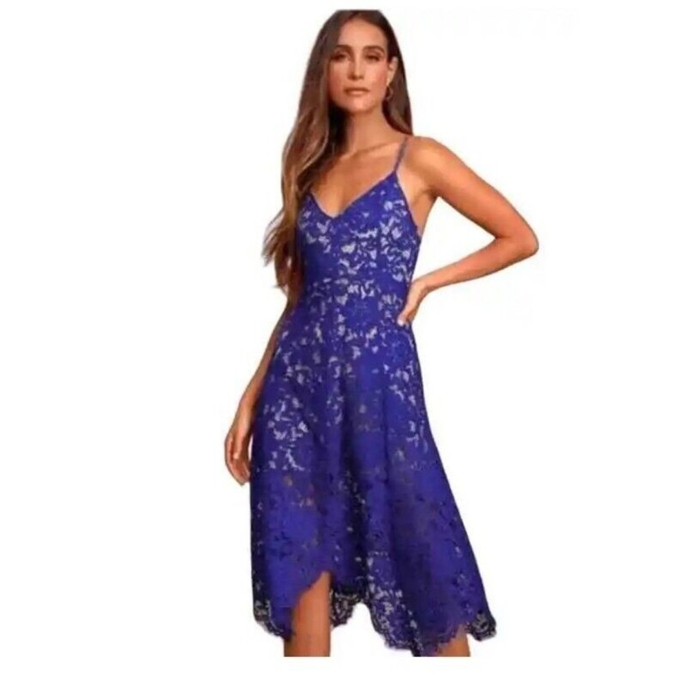 Lulus One Wish Royal Blue Lace Handkerchief Hem Dress Size Small